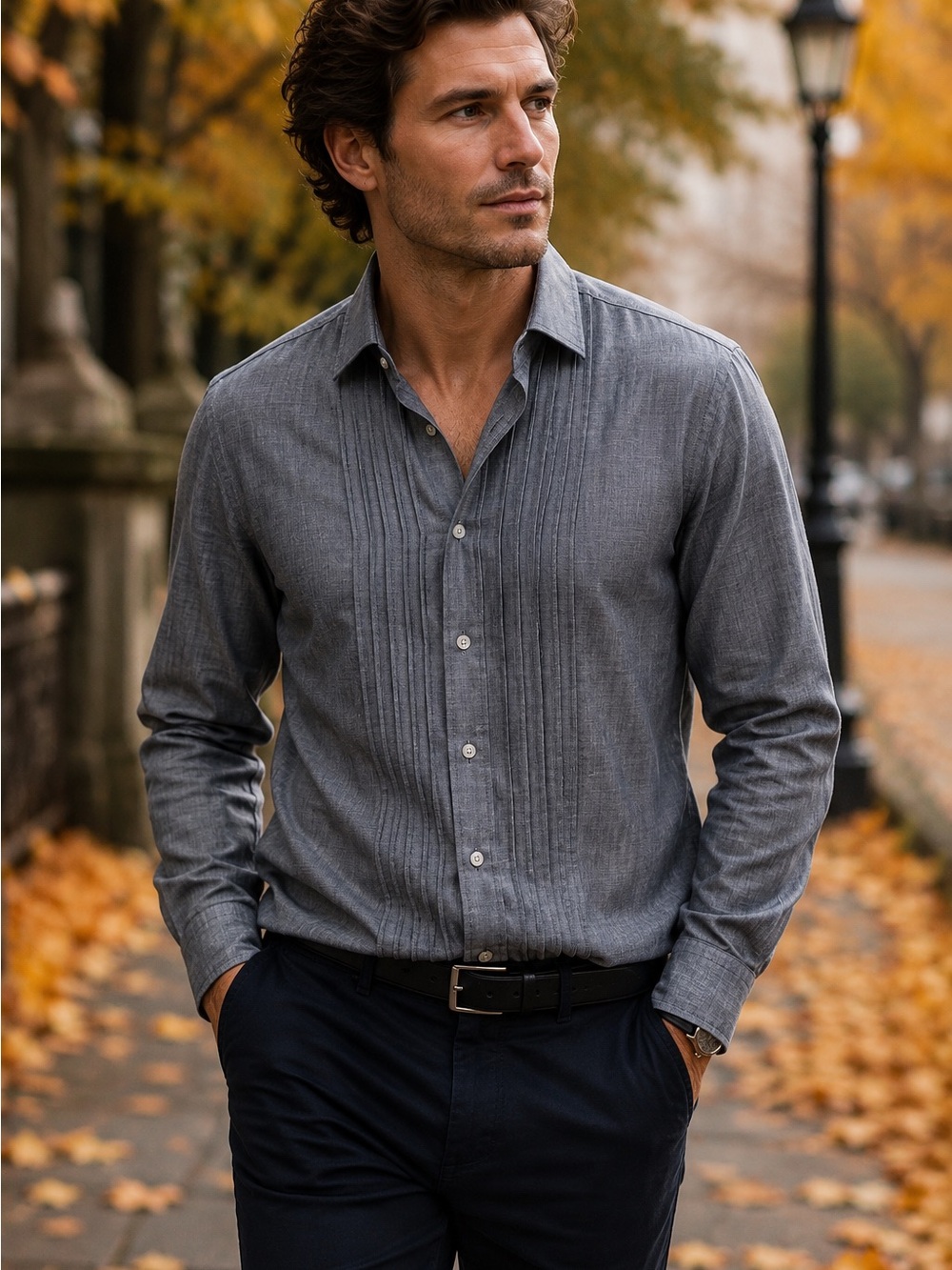 REISS Men’s XL NWOT Charcoal Grey Pintuck Button-Up Dress Shirt